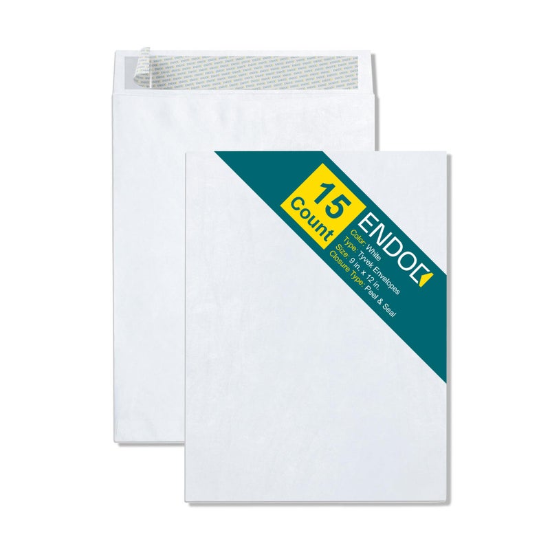 EnDoc 9x12 Tyvek Envelopes â€“ Strong Lightweight Professional Shipping Mailer Tear Resistant DuPontâ„¢ TyvekÂ® Construction & Easy Security Self Seal Closure â€“Bright White DuPont â€“ Bulk Pack of 15 â€“ 9 x 12 inch - Image 1